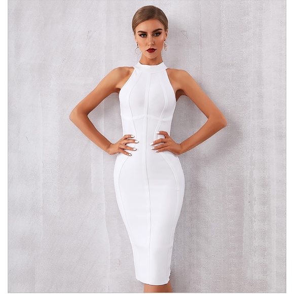 Nude Halter Bandage Bodycon Midi Cocktail Dress - Picture 8 of 11